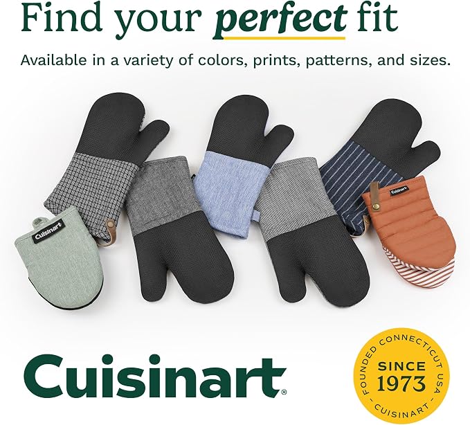 Cuisinart Heritage Mini Oven Mitts, 2-Pack, Neoprene, Heat Resistant 350F | Cotton-lined, non-slip neoprene palm, ambidextrous design, leather hang loop, ideal for smaller hands and everyday cooking