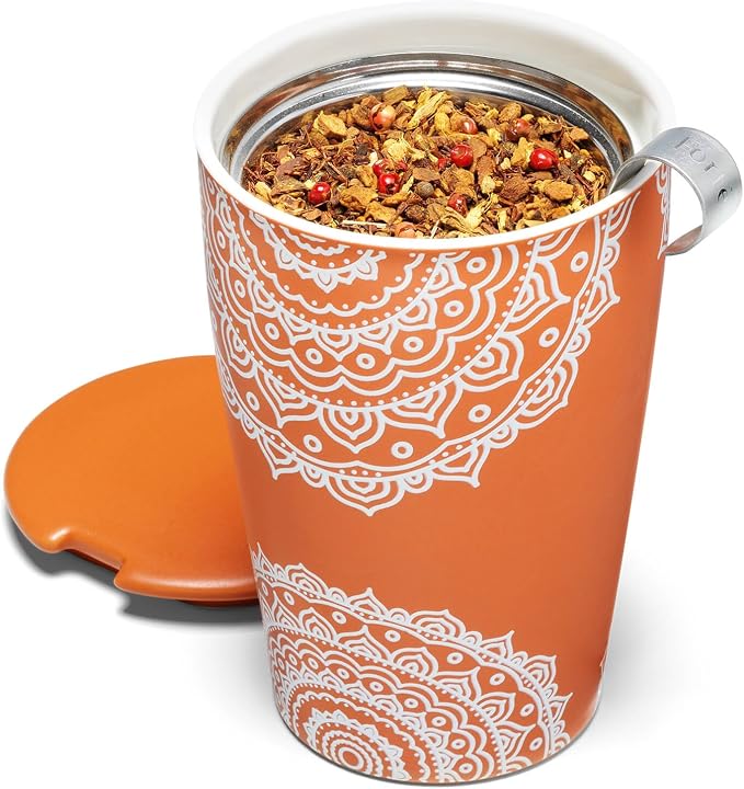Tea Forte Double-Walled Ceramic Kati Cup, Chakra, 12 oz | Insulated Ceramic - Stainless Steel Loose Leaf Infuser - Keeps Tea Hot Longer - Lid Included - Microwave & Dishwasher Safe