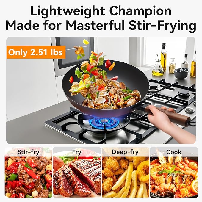WANGYUANJI 12.6" Carbon Steel Wok Pan with Lid, Flat Bottom Chinese Wok | Lightweight Stir Fry Pan with Wooden Handle, Induction Cookware for Electric, Gas & Glass Top Stoves, No Coating, 2.5lb