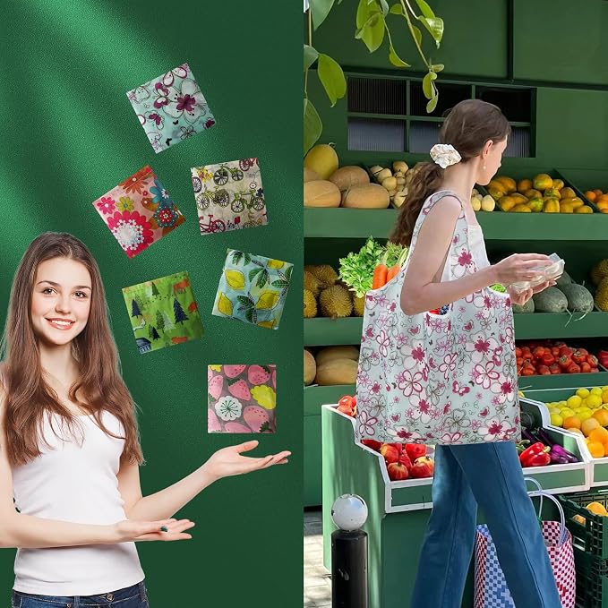 Foldable Reusable Shopping Bags,6 Pack Heavy Duty Tote for Grocery | Lightweight Polyester, machine washable. Compact fold fits in purse. Sturdy 50lb capacity. Great for groceries&travel,Beach