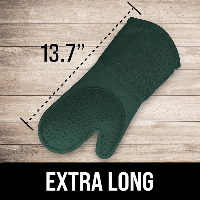 BPA-Free Silicone Oven Mitts Ultra Heat Resistant up to 500°F - Oven Mitts with Thick Cotton Liner - Long Slip Resistant Pot Holders, Flexible Oven Gloves - Green 13.7"