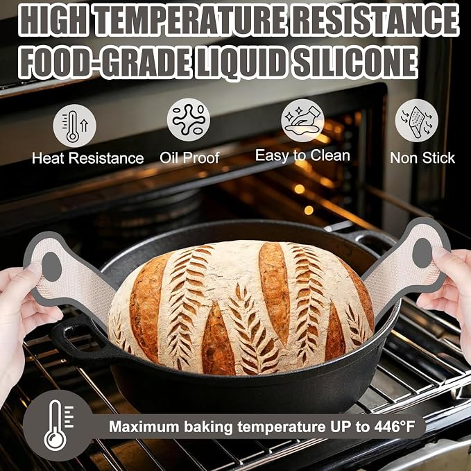 Silicone Bread Sling, Silicone Baking Sling with Longer Handles, Non-Stick & Easy Clean Dutch Oven Baking Mat to Transfer SourDough Easily, Reusable Bread Mat Set (2 Pcs Grey Oval)