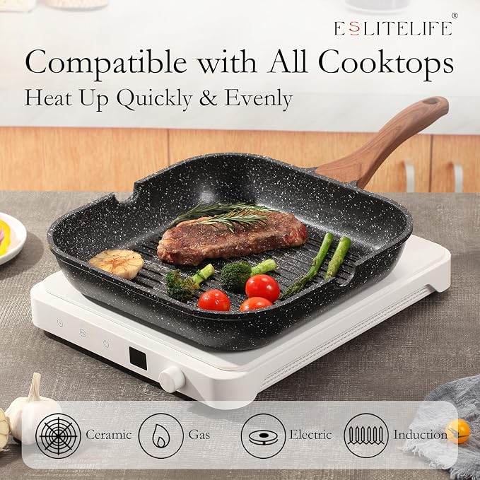 ESLITE LIFE Nonstick Grill Pan with Lid & Tongs for Stove Tops, 9.5 Inch Versatile Square Big Grilling Skillet Steak Pan with Pour Spouts for Indoor & Outdoor Cooking, PTFE & PFOA Free, Black