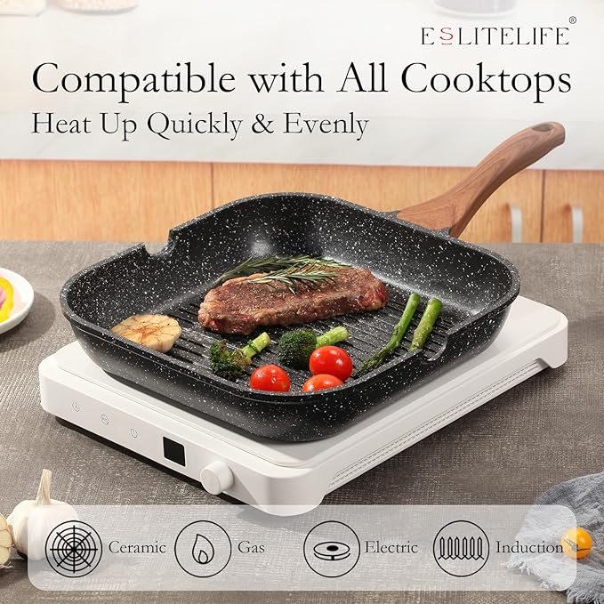 ESLITE LIFE Nonstick Grill Pan for Stove Tops, Versatile Griddle with Pour Spouts, 11 Inch Square Big Grilling Skillet Steak Pan for Indoor & Outdoor Cooking, PTFE & PFOA Free, Black