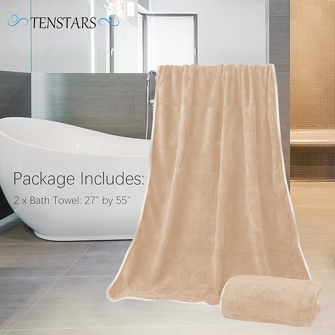 TENSTARS Silk Hemming Bath Towels for Bathroom Clearance - 27 x 55 inches - Light Thin Quick Drying - Soft Microfiber Absorbent Towel for Bath Fitness, Sports, Yoga, Travel, Gym - 2 Pack, Brown