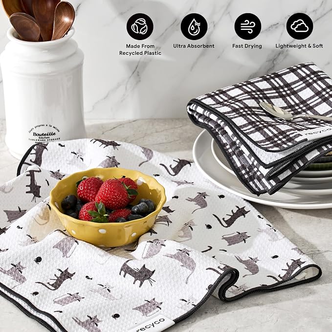RECYCO Waffle Kitchen Towel Set of 2 - Quick Dry Microfiber Sustainable Dish Towels - Absorbent Reusable Cleaning Tea Towels - Lightweight Hand Towels,16”x 28”, Shadow Meow
