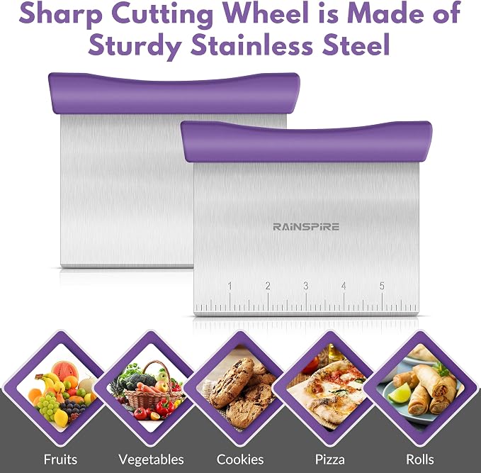 Upgraded 304 Stainless Steel Multi-Purpose Bench Scraper with Measurement Marks, Dishwasher Safe, Dough Cutter for Pizza, Bread and Cookie Dough Vegetable Chopper, Baking Supplies (Purple)