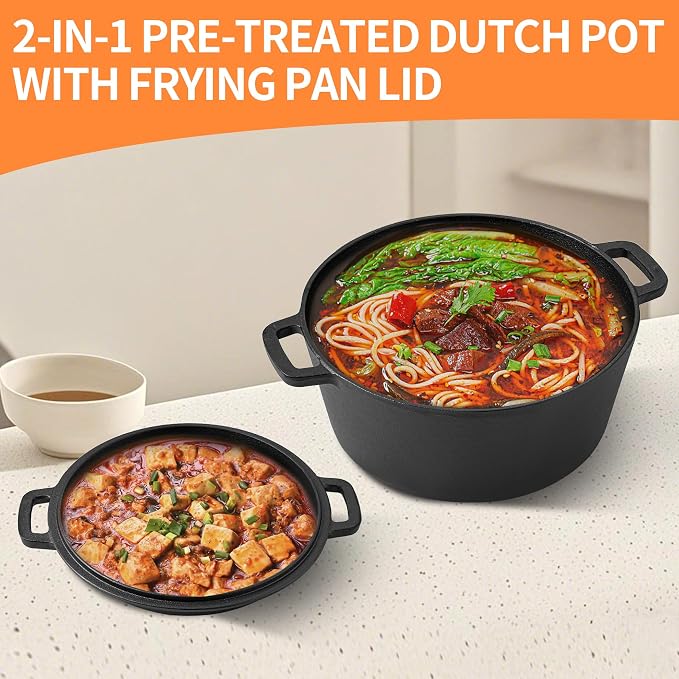Vivicreate 5 QT Cast Iron Dutch Oven 2 in 1 Pre Seasoned with Skillet Lid Oven Safe Campfire Baking Sourdough Bread Camping Cookware Ollas de Hierro Fundido Para Cocinar Olla de Cocina Grande