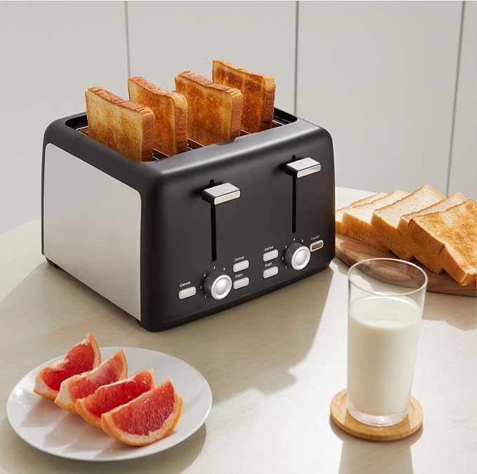 Amazon Basics 4 Slice Toaster, 7 Browning Settings, Extra Wide Slots for Bagels and Specialty Breads, Removable Crumb Tray, Cancel/Defrost/Bagel Buttons, 1500W, Black & Silver