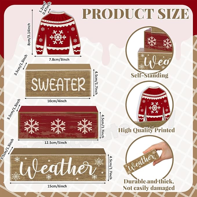 Lineshading 4 Pcs Christmas Table Decoration Wooden Block Signs Sweater | Red Ugly Sweater With Snowflake, Christmas Centerpiece For Tiered Tray, Rustic Wood Block Display, Home Shelf Decor