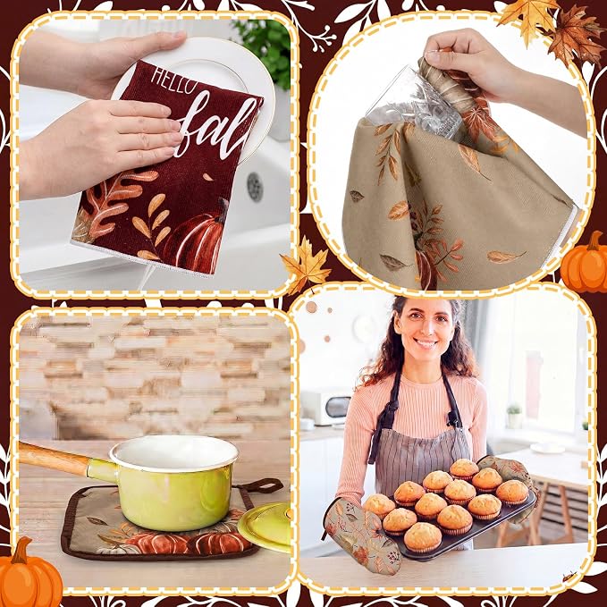 Fourluoo 10 Pcs Kitchen Dish Towels Rugs Oven Mitts and Pot Holders Set Farmhouse Kitchen Decor Set for Women Mom Daughter Gift Cooking Baking Grilling(Antique Color,Maple Leaf, Pumpkin)