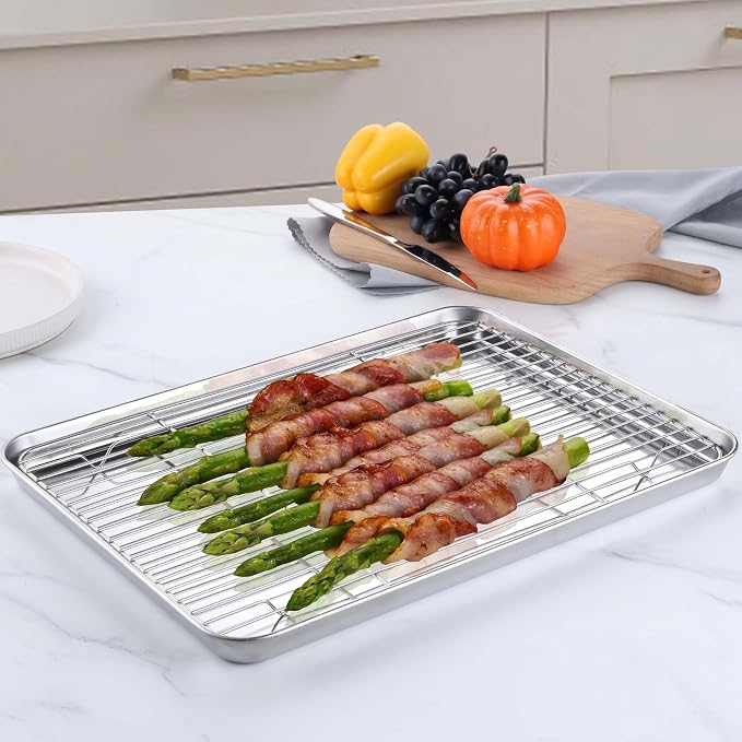 Homikit Half Baking Sheet with Wire Cooling Rack (1 Pan+1 Rack), Nonstick | 18x13 Inch Stainless Steel Cookie Sheets for Baking, Large Baking Pan with Grid Set, Metal Bacon Tray, Oven & Dishwasher Safe