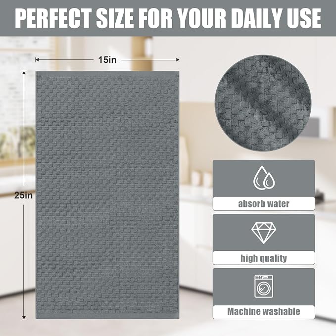 Homaxy 100% Cotton Terry Kitchen Towels(15" x 25", 12 Pack), Dark Grey | Soft and Super Absorbent Dish Towels, 380 GSM Reusable Tea Towel with Hanging Loop, Pineapple Grid Designed