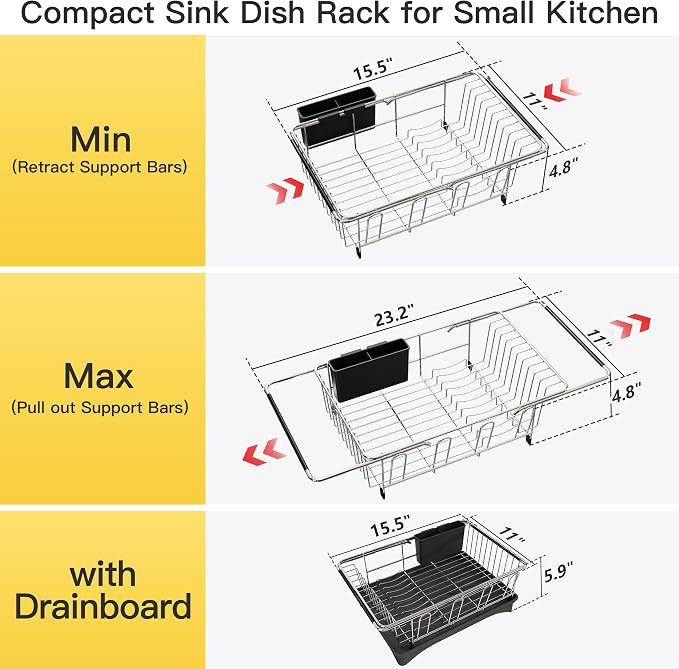JASIWAY in Sink Dish Drying Rack with Drainboard and Utensil Holder | Use Over the Sink or Counter, Stainless Steel Expandable Dish Drainer for Small Kitchen, Space Saving, Fast Drain, Rustproof