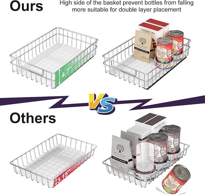 Stainless Steel Pull Out Cabinet Organizer(11.8"W x 16.5"D x 4.7"H)-1 Pack, Minimalist Design Frame, Full-Extension Slide Rails, Easy Installation for Pantry Organizers or Kitchen Cabinet Organizer