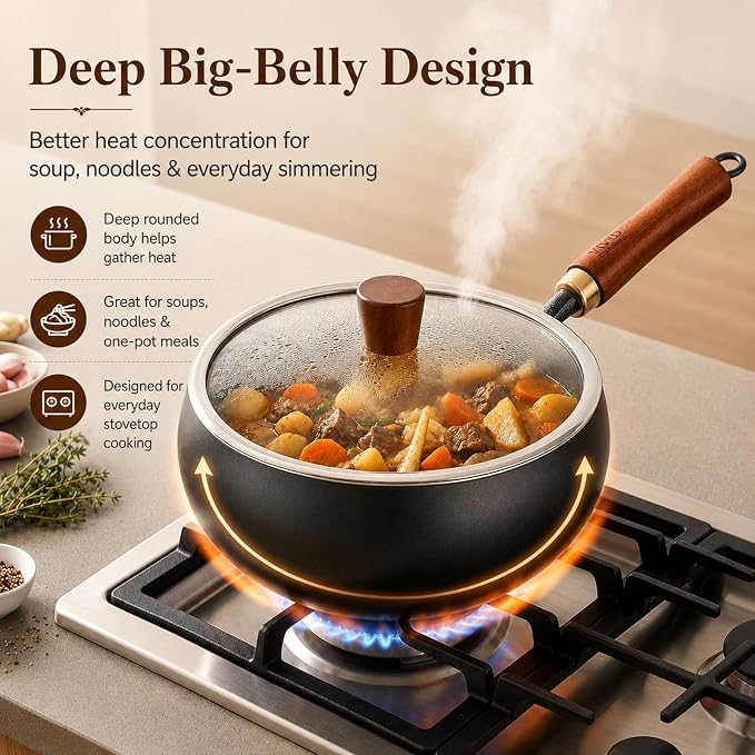 9.4 Inch Carbon Steel Wok with Glass Lid, Big Belly Flat Bottom Stir Fry Pan, Coating-Free Compact Wok Pan for Gas, Electric, Ceramic & Induction, 3.4 QT for 1–3 Servings