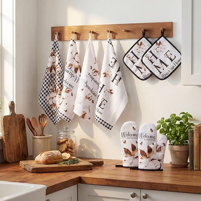 Leinuosen 8 Pcs Rustic Kitchen Towels and Dishcloths Sets Pot Holders and Oven Mitts Sets Absorbent Kitchen Gloves Potholders Heat Resistant for Chef Baking Cooking