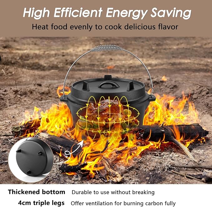 HaSteeL 7 QT Cast Iron Dutch Oven, Large 2 in 1 Camp Pre-Seasoned Deep Pot & Lid Skillet Pan, Heavy Thick 7 Quart Multiple Cookware with Feet for Outdoor Camping Baking, Bracket and Lid Lifter