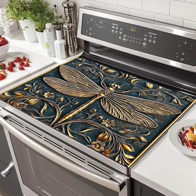 HOMETITUTE Golden Dragonfly Stove Top Cover 28x20 Diatomite Embossed Mat