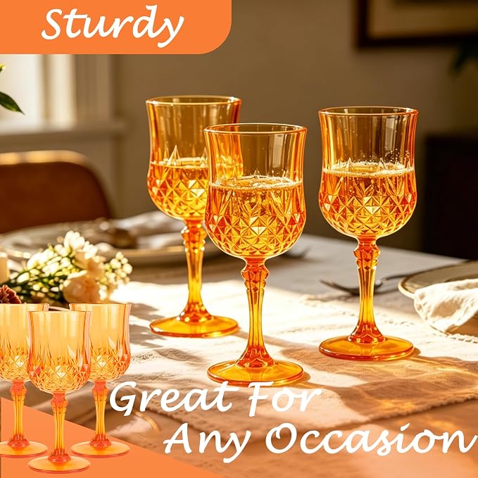 24Pack Plastic Wine Glasses, 7oz Vintage Goblets for Wedding | Unbreakable Crystal Style Reusable Stemware, Elegant Orange Drinking Glass for Party Anniversary & Holiday Celebration
