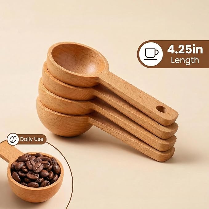 Wooden Coffee Scoops 4 Pack 15ml | Wooden Coffee Spoon, Tablespoon & Measuring Spoons for Jars, Coffee Beans, Tea, Sugar & Home Kitchen Use