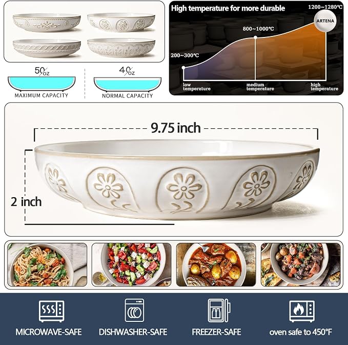 Pasta Bowls, 50oz Large Salad Serving Bowls, 9.75'' Plates Bowls Set of 4, Big White Ceramic Soup Bowls for Kitchen, Embossment Shallow Dinner Bowl, Microwave Dishwasher Safe, Pinwheel Flower