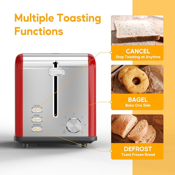 HealSmart 2-Slice Stainless Steel Toaster, 6 Browning Setting and 3 Function Toaster, Extra Wide Slot & Removable Crumb Tray, for Bread & Waffle, Red