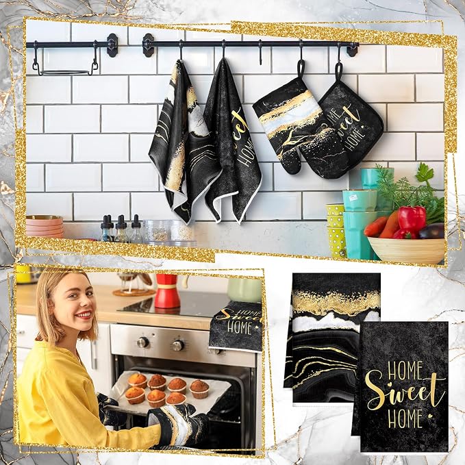 Bencailor 6 Pcs Marble Kitchen Decor Gold Pot Holders Oven Mitts 2 Dish Towels 2 Farmhouse Cooking Mittens Oven Glove and Potholder for Baking Cooking Grilling Supply Accessories(Black)