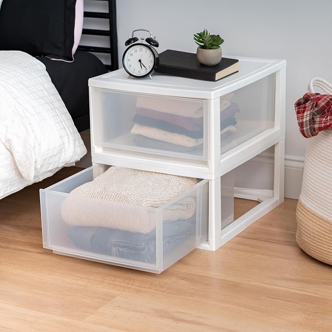 IRIS USA 2-Pack 30 Qt. Stacking Drawer Organizer with Sliding Drawer, White | Store clothing, accessories, pantry items, and household essentials around your home with organized storage solutions