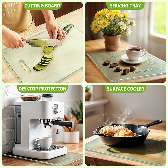 Tempered Glass Cutting Board for Kitchen, 2PCS Clear Chopping Board with Handle (16"x12" & 12"x8"), Plastic Free, Scratch Resistant, Heat Resistant, Dishwasher Safe, Non-toxic, Easy to Clean
