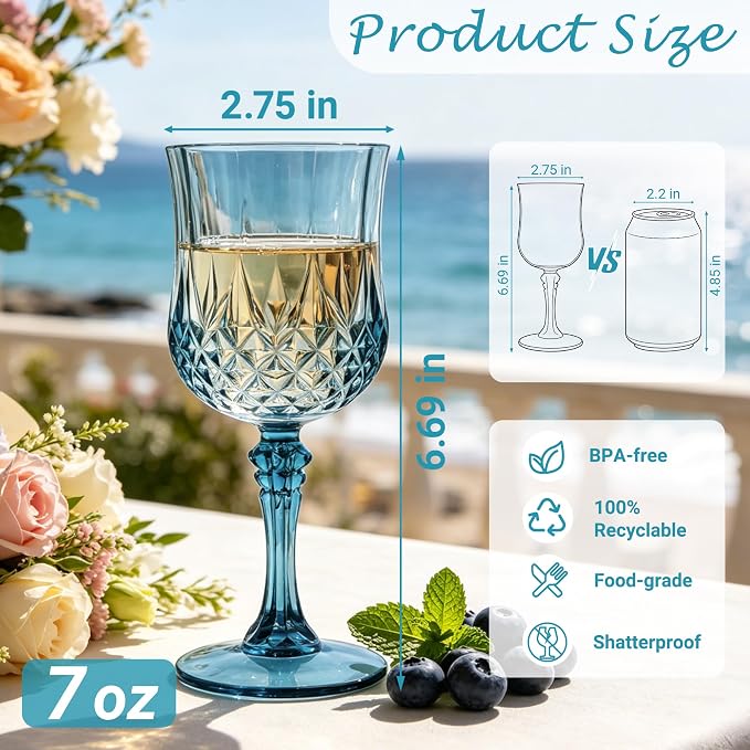 24Pack Plastic Wine Glasses, 7oz Vintage Goblets for Wedding | Unbreakable Crystal Style Reusable Stemware, Elegant Dusty Blue Drinking Glass for Party Anniversary & Holiday Celebration