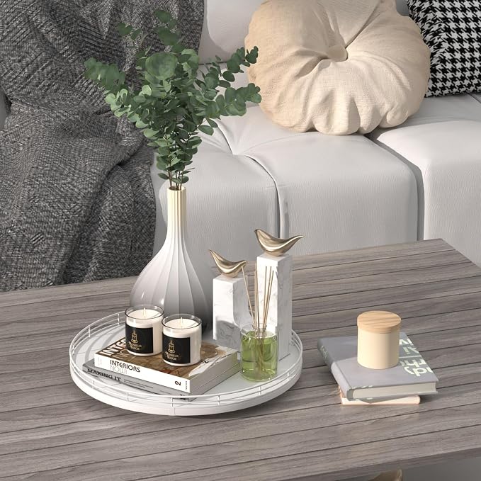 13-Inch Oak Decorative Tray for Coffee Table and Vanity, White Finish | Rotating oak tray organizes spices, toiletries and decor on kitchen counters, bathroom vanities, dining and coffee tables.