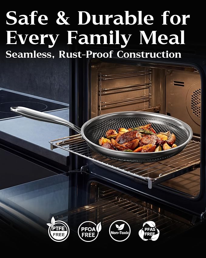 Nonstick Frying Pan with Lid 12-Inch, Durable Stainless Steel Skillet, Induction Cooktop Compatible, PFOA-Free Scratch-Proof, Dishwasher & Oven Safe, Stay-Cool Handle, Silver Kitchen Cookware