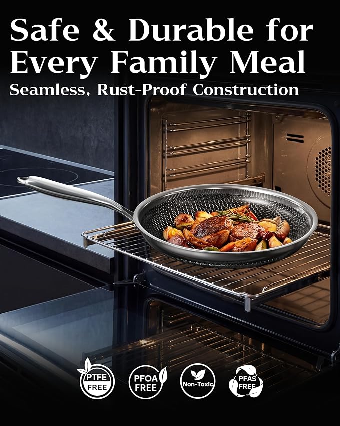 Nonstick Frying Pan with Lid 12-Inch, Durable Stainless Steel Skillet, Induction Cooktop Compatible, PFOA-Free Scratch-Proof, Dishwasher & Oven Safe, Stay-Cool Handle, Silver Kitchen Cookware