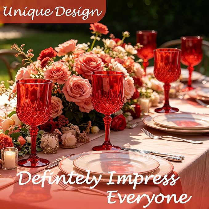 24Pack Plastic Wine Glasses, 7oz Vintage Goblets for Wedding | Unbreakable Crystal Style Reusable Stemware, Elegant Red Drinking Glass for Party Anniversary & Holiday Celebration