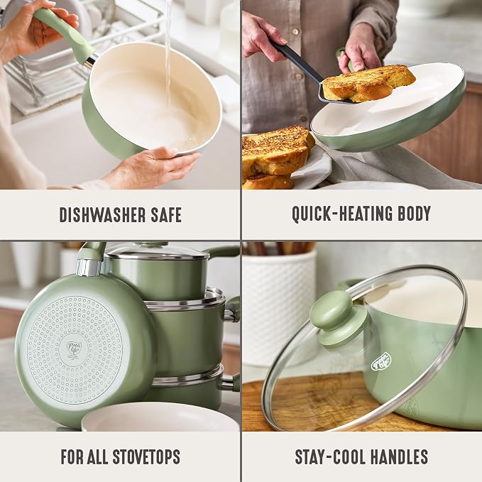 GreenLife 5QT Ceramic Nonstick Stockpot with Lid, Sage Green | PFAS-Free Nonstick Coating, Casserole Pot, Soup Pot, Pasta Pot, Induction Ready, All Stovetop Compatible, Dishwasher Safe