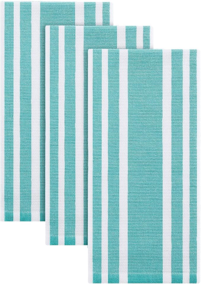 Homaxy Premium Cotton Stripe Kitchen Towels 3 Pack, 18"x 28", Teal | Large 380 GSM Kitchen Hand Towels, Soft Terry Dish Towels, Highly Absorbent Tea Towel Set with Hanging Loop