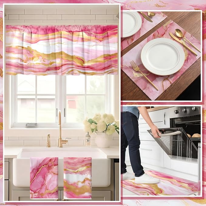 Fourluoo 16 Pcs Pink Marble Kitchen Decor Set 4 Marble Kitchen Towels 2 Non Slip Rugs and Mats for Floor 2 Pink Oven Mitts Gloves 2 Pot Holders 4 Placemats 2 Gold Curtains for Home Decoration Gift