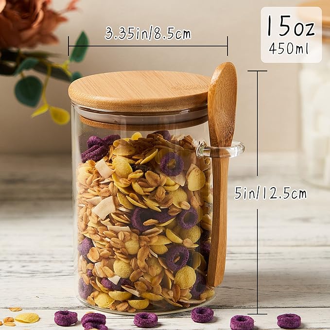 15 oz Glass Sugar Container, 2 Pack Coffee Container, Glass Jars with Lids | Seal, BPA-Free, Bamboo Soop, Coffee Bar Accessories, for Coffee Beans, Creamer, Salt, Overnight Oats, Brown sugar, Candy, Tea