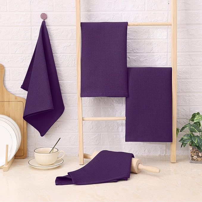 Homaxy 100% Cotton Waffle Weave Kitchen Towels, 4 Pack, Eggplant | Soft and Absorbent Dish Towels, 16 x 26 Inches Quick Dry Hand Towels