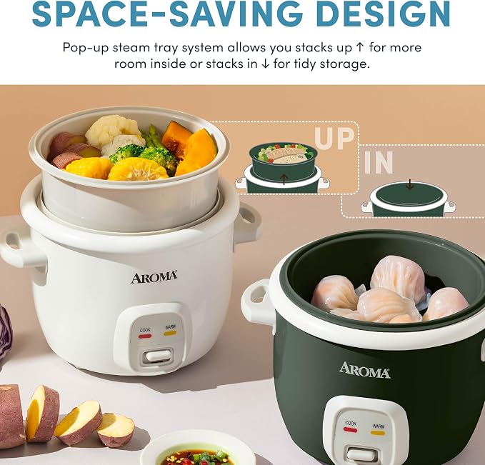 AROMA® CoreCoat Rice Cooker with Pop-Up Food Steaming Basket (4 Cups Cooked, 2 Cups Uncooked)