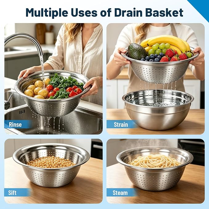 Stainless Steel Mixing Bowls with Lid and Colander Set | Size 6.3, 4.3, 3.6, 2.9QT,9Pcs Multipurpose Kitchen Metal Bowls with Grater,Colander,Egg Whisk,Separator for Baking Serving