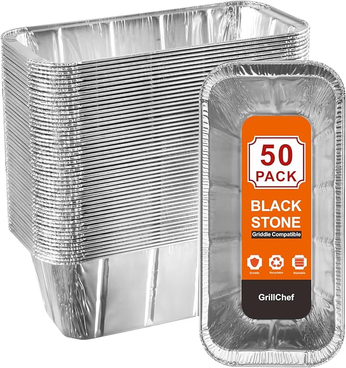 GrillChef 50-Pack Grease Cup Liners Griddle Accessories for Blackstone | Drip Pan Aluminum Foil for Blackstone 17, 22, 28, 36 Inch Griddle, Gift Box Design, Grease Catcher Grill Tray, Disposable