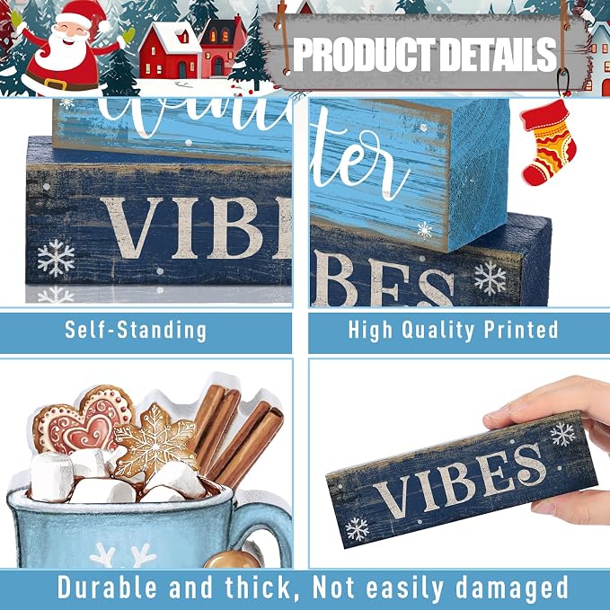 Lineshading 4 Pcs Wooden Farmhouse Tiered Tray Decor Winter Block Signs | Rustic Tabletop Decor, Hot Cocoa Mug Topper, Blue Wooden Signs, Cozy Winter Vibes Theme, Farmhouse Style Home Accents
