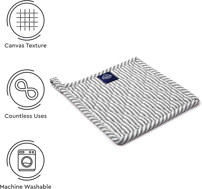Encasa XO Pot Holders, Quilted Kitchen Hot Pads 8"x8" Ticking Black | 100% Eco-Friendly Cotton | Thick Cotton Padding Insulation | Convenient Hanging Loop | Set of 2