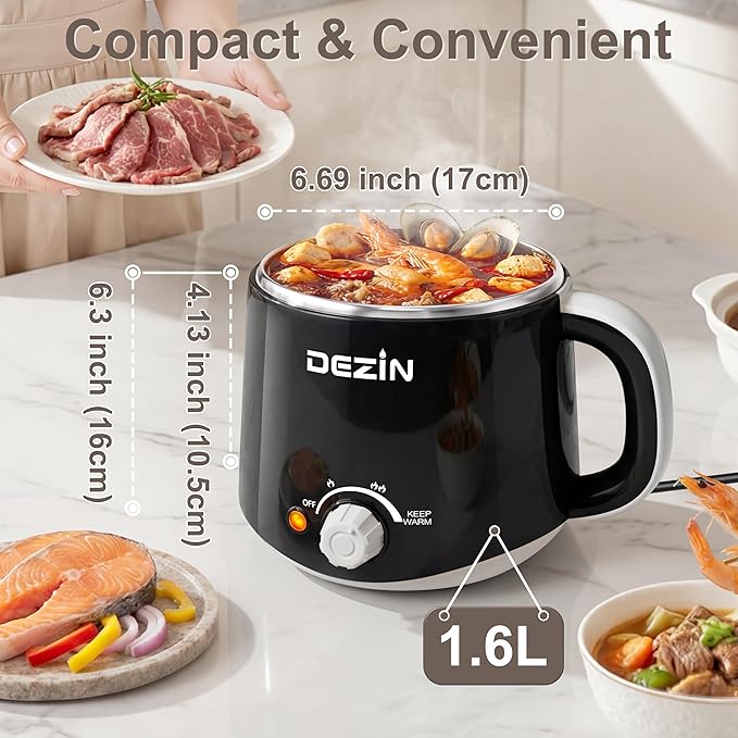Dezin 1.6L Hot Pot Electric, Stainless Steel Electric Pot with Dual Power | Keep Warm, Noodles Cooker, for Egg, Pasta, Soup, Porridge & Oatmeal, Overheat & Boil-Dry Protection, Ideal for Dorm & Office