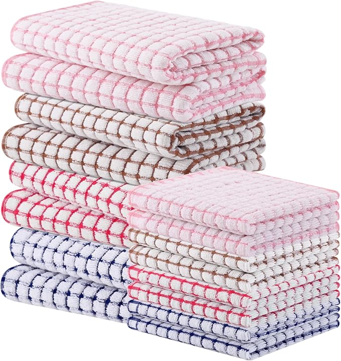 Homaxy Kitchen Towels and Dishcloths Set, Set of 16, Blue/Pink/Red/Brown | Cotton Terry Kitchen Dish Towels, Super Soft and Absorbent Dish Cloths, 16 x 25 and 12 x 12 Inches