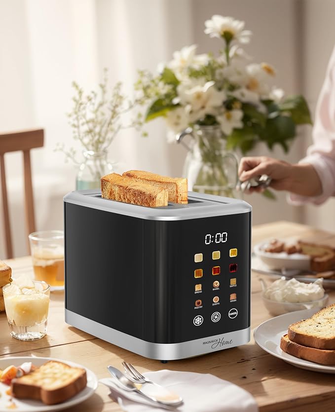 MAGNAVOX HOME, 2 Slice Smart Toaster, Touchscreen, Wide Slot for Bread, English Muffins, Croissants, and Bagels, 5 Adjustable Toast Settings, Cancel and Defrost, 6 Bread Types & Shade Settings