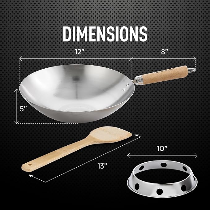 Helen's Asian Kitchen Carbon Steel 4-Piece Wok Set, 12-Inch Round Bottom Wok