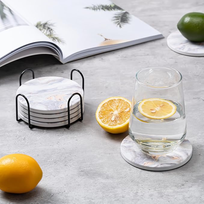 6Pcs Absorbent Coasters Set with Holder,Ceramic Drink Coaster,4 in（A8） | Marble Style Ceramic Drink Coaster,Suitable for Kinds of Cups,Modern Style Coaster for Coffee Table